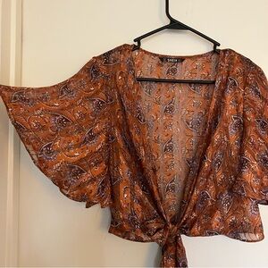 Women's Orange Paisley Tie-front flowy Top